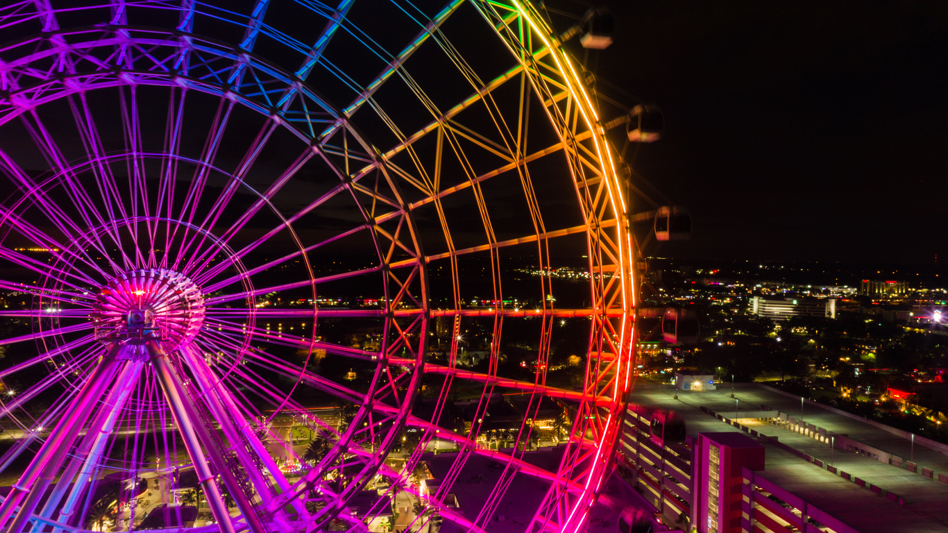 Nighttime view of Icon Park in Orlando, Florida